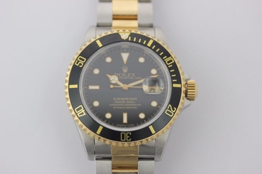 Sport Used Rolex Submariner 18k Yellow Gold/Steel Black Dial Mens Watch 16613