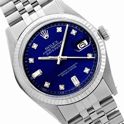 Preowned Rolex Classic Blue Dial Datejust 36mm Steel Watch 16014 w/ Diamonds