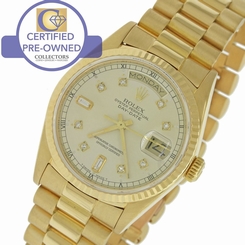 MINT Rolex Day-Date President 36mm 18038 18K Yellow Gold Silver Diamond Watch