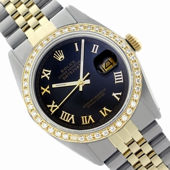 Two Tone 36m Rolex Black Dial Datejust Roman Numeral 16013 Great Watch Diamonds