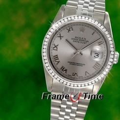Rolex Men Datejust Stainless Steel Silver Roman Dial & Diamond Bezel Watch 16013