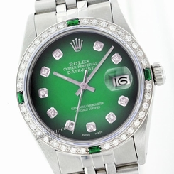 Used Rolex Men's Datejust 16014 Steel Green Vignette Diamond Dial/Bzl/4 Emeralds