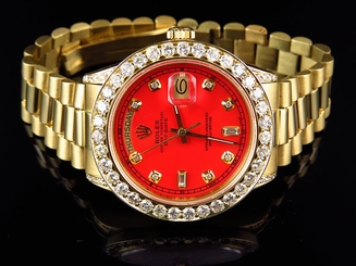 Mens 36 MM Rolex President 18038 18k Yellow Gold Day-Date Red 6.5 Ct Diamond