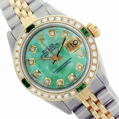Used Lady Rolex Datejust 6917 Two-Tone Green MOP Diamond Dial/Bezel with Emerald