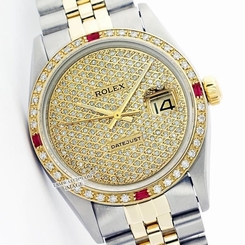 Preowned Rolex Mens 16013 Datejust Steel/18KY Diamond Pave Dial Ruby 36mm WATCH