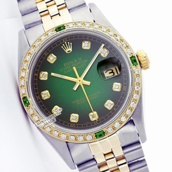 Rolex Men's 16013 Datejust Two- Tone Green Vignette Dial Diamonds Emerald Watch
