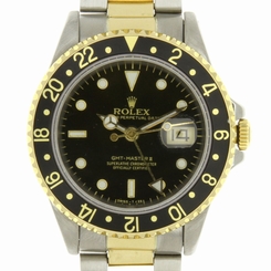 Rolex GMT Master II Batman Yellow Gold 18k SS 16713 Sapphire Quickset Watch