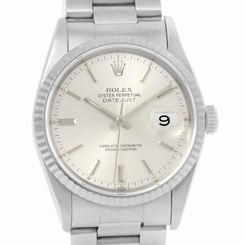 Rolex Datejust Steel 18K White Gold Silver Baton Dial Mens Watch 16234