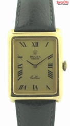 ROLEX Cellini 18K Yellow Gold Rectangle Black Strap Luxury Dress Women's Watch