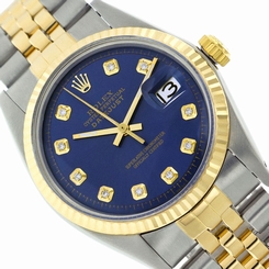 Watch Mens Rolex 36mm Two-Tone Datejust 16013 Blue Diamond 18K Gold Fluted Bezel
