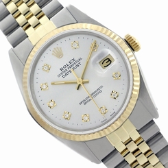 Rolex 2-Tone Datejust 16013 White Oyster Perpetual Diamond 18KGold Fluted Watch