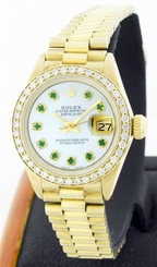 Rolex Gold Datejust 6917 MOP Emerald Markers Diamond Bezel President Band Watch