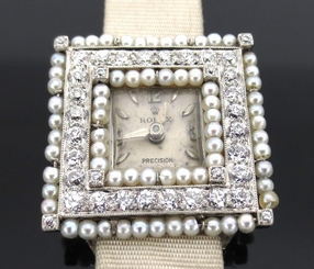 Vintage Rolex Precision 1.50ct Old Mine Cut Diamond & Natural Pearl Watch
