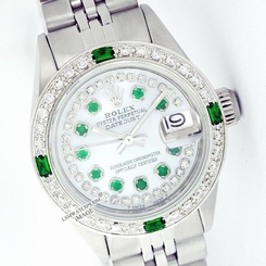 Womens White Rolex Watch Datejust Steel 26mm 6917 String Diamond/Emerald Dial