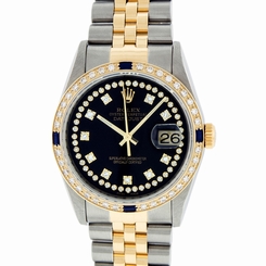 Mens Rolex Datejust Watch SS & 18K Yellow Gold Black String Diamond and Sapphire