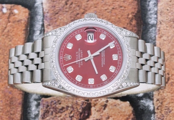 Gents Red Diamond Dial, Bezel & Shoulder Rolex Oyster Perpetual Datejust.
