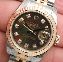 BRAND NEW LADIES 18K/SS ROLEX DATEJUST BLACK MOTHER OF PEARL DIAMOND 179173