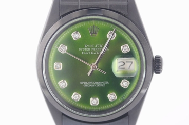 Preowned Rolex Datejust Mens 36mm Diamond Green Dial 1603 Black PVD Watch