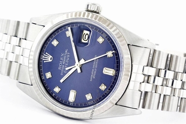 Used Rolex Men's Datejust 1601 Steel Blue Diamond Dial w/18K WG Fluted Bezel