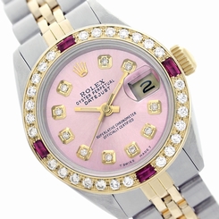 Lady DJ Rolex 69173 Sweet Pink Diamond Dial/Bzl Ruby Baguette 2-Tone Swiss Watch 27543000069