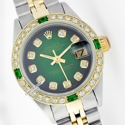 ROLEX LADY DATEJUST OYSTER PERPETUAL SS/18K GOLD GREEN VIGNETTE DIAMOND WATCH 27543000069