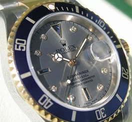 Rolex SUBMARINER 16613 Mens Steel & 18K Yellow Gold Slate Serti Dial 40MM