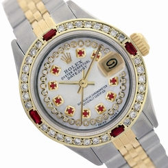 Used Lady Rolex Datejust 6917 Two Tone String Mother of Pearl Ruby Diamond Watch