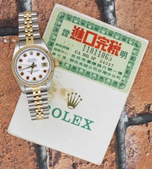 Ladies Steel & Gold Rolex Oyster Perpetual Datejust with Papers - Red RUBY Dial
