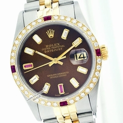 Used Rolex Men's Datejust 16013 Two-Tone Brown Baguette/Ruby Diamond Dial/Bezel