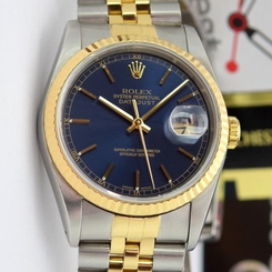 Rolex Datejust Yellow Gold Steel Blue Index Dial 16233 Jubilee Holes Watch Chest