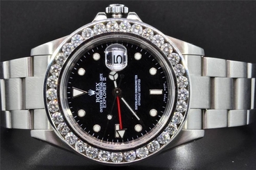 Diamond Rolex Watch Explorer II Black Dial Stainless Steel Band 6 Ct Bezel 40