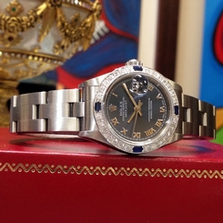 Ladies ROLEX Oyster Perpetual Datejust Blue Roman Numeral Dial & Diamond Bezel