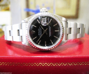 Ladies ROLEX Oyster Perpetual Datejust Black Dial Fluted Bezel 26mm Watch