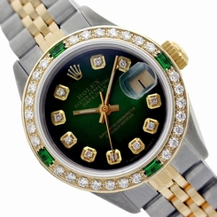 Used Rolex Lady Datejust 6917 Two-Tone Green Vignette Diamond Dial/Bezel/Emerald