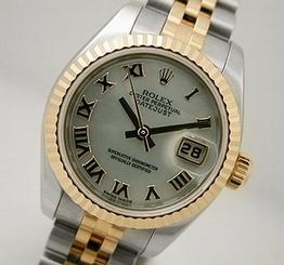 BRAND NEW LADIES 18K/SS ROLEX DATEJUST WHT MOTHER OF PEARL ROMAN DIAL 179173
