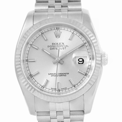 Rolex Datejust Steel 18K White Gold Silver Baton Dial Watch 116234 845960035095