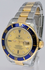 Rolex Submariner 18k Yellow Gold/Steel Serti Diamond Dial Mens Watch A 16613