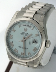 Rolex Day/Date President Platinum, Ice Blue Dial $57,600.00 gent's 36mm watch.