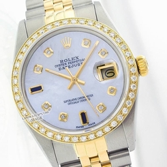  Preowned Watch Rolex Men's Datejust 16013 Two-Tone MOP Diamond/Sapphire 