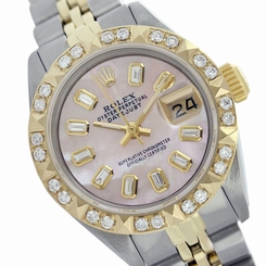 Sweet Pink MOP Baguette Diamond Dial Pyramid Bezel Rolex Lady DJ Two-Tone Watch