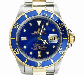 Rolex Submariner 16613 Two-Tone Steel 18 KT Gold with Custom Diamond & Blue Dial