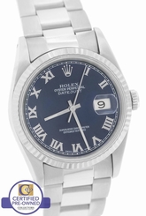 Rolex DateJust Oyster Blue Roman 36mm 16234 Stainless 18K Gold Fluted Watch