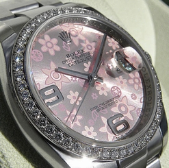 MENS ROLEX DATEJUST 116244 SS/18K WG PINK FLOWER DIAL FACTORY DIAMOND BEZEL NEW