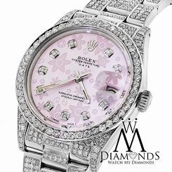 Diamond Rolex Date15200 34mm Pink Flower Diamond Dial Diamond Oyster Band