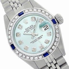 Diamond/Sapphire Watch Rolex Steel Womens Datejust 6917 Light Blue 26mm