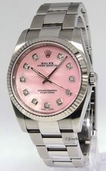 Rolex Oyster Perpetual Steel MOP Pink Diamond Dial 18k Gold Bezel Watch 116034 845960039031