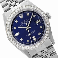 Used Royal Blue Face Rolex Datejust 36mm Stainless Steel Watch 16014 w/ Diamonds