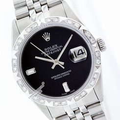  Used Rolex Men's Datejust 16014 Steel Blk Onyx 2 Baguette/Pyramid Diamond Bezel