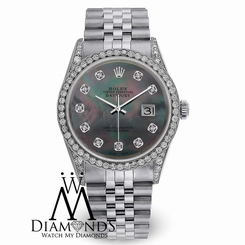 Mens Rolex Datejust Jubilee Stainless Steel Black MOP Dial 36 mm Diamond Watch
