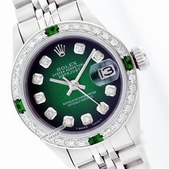 Rolex Datejust Green Vignette Dial Stainless Steel/18k Gold Bezel w/ Real Stones